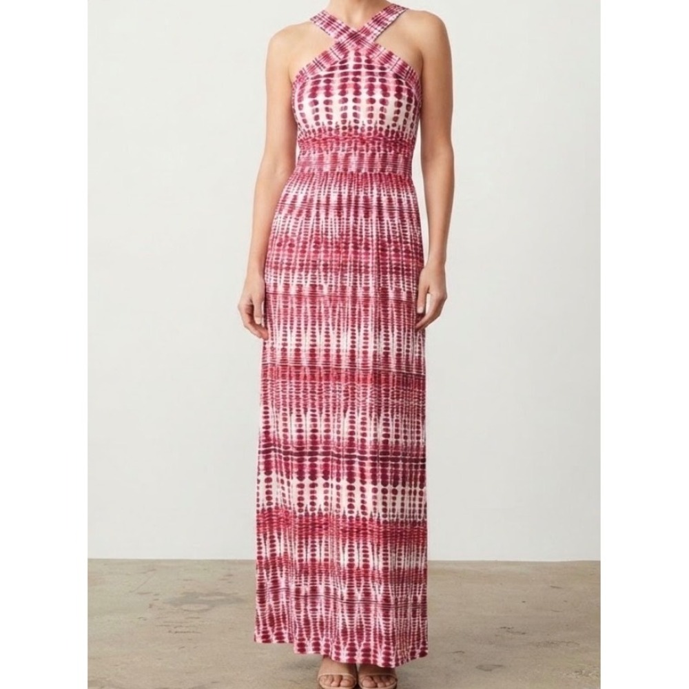 Wisp Pink Red White Geometric Halter Maxi Dress Smocked Empire Waist Size 8